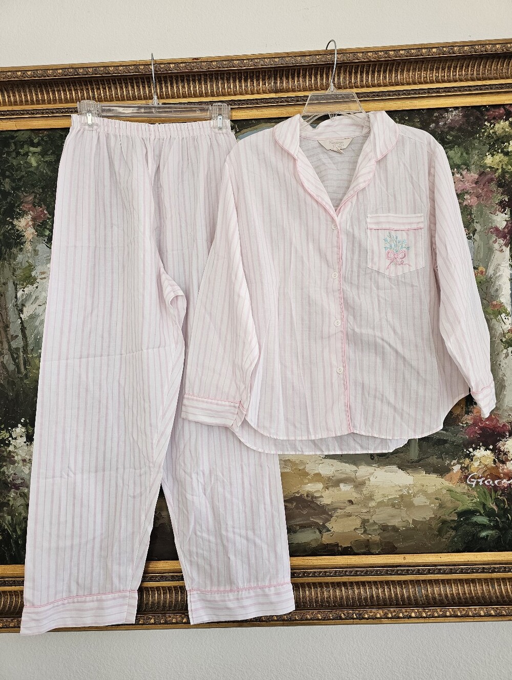 Vintage Carriage Court Pink Striped Pajama Set - Petite Medium 80s 90s Sleepwear